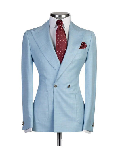 Sky Blue 2 Piece Double Breasted Peak Lapel Suits