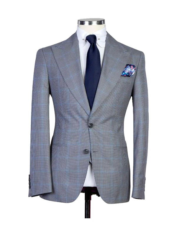 Grey Plaid Peak Lapel Single Breasted 3 Pieces Suits