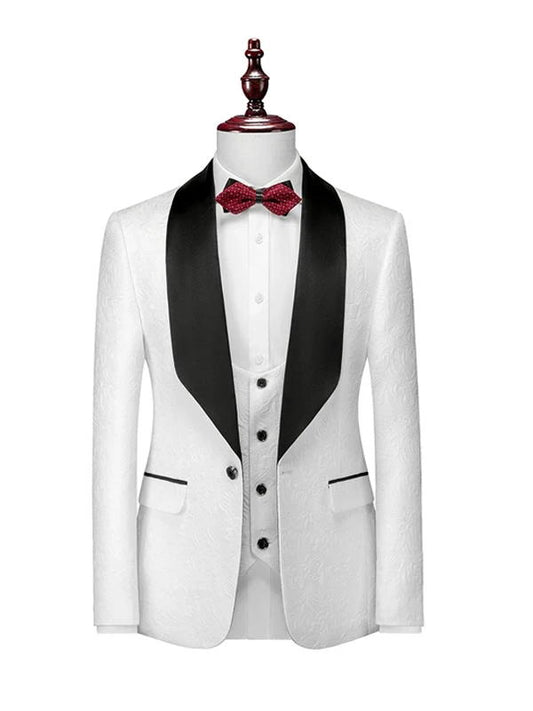 White Satin Lapel Jacquard Prom Suit