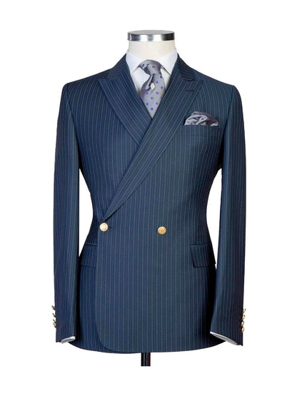 Navy Blue 2 Piece Striped Dark Double Breasted Suit