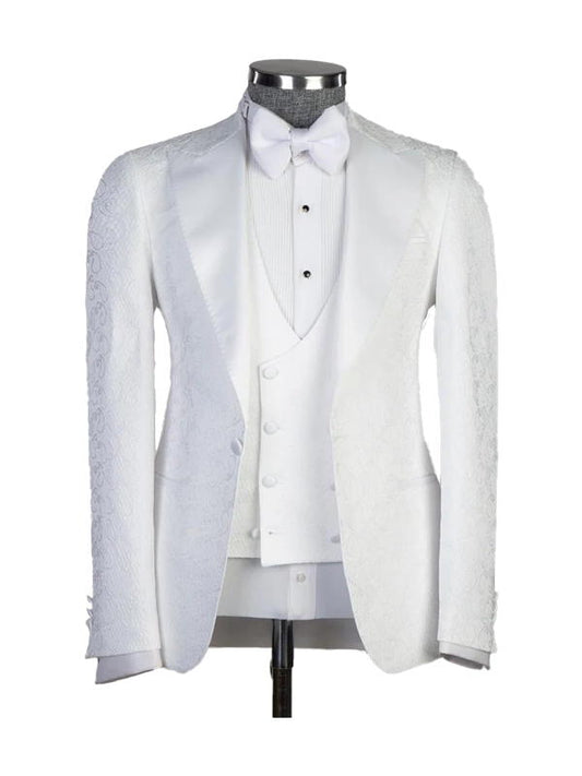 White Jacquard Peak Lapel 3 Piece Men's Suit