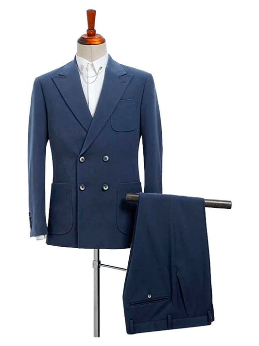 Navy Blue Double Breasted Peaked Lapel Suit For Formal Business