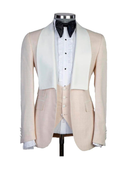 Beige 3 Piece Single Breasted White Shawl Lapel Tuxedo