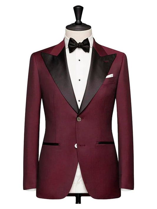 Burgundy with Black Satin Peak Lapel Tuxedo Wedding Suit