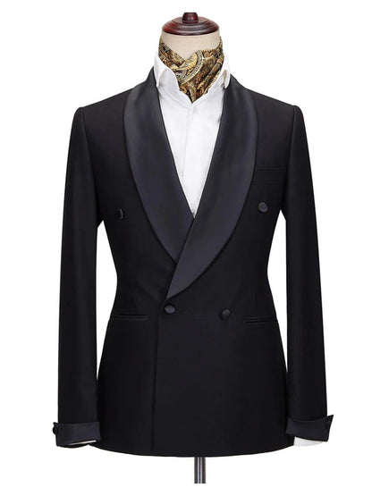 Black Double Breasted Shawl Lapel Slim Fit Wedding Tuxedo 2 Piece Suit