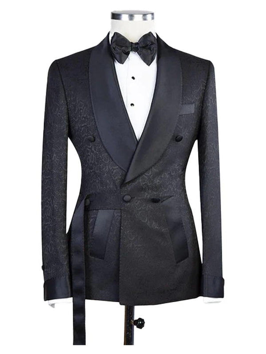 Dark Blue Double Breasted Shawl Lapel Jacquard Wedding Suit