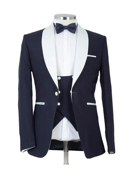 Navy Blue 3 Piece White Shawl Lapel Classic Suit