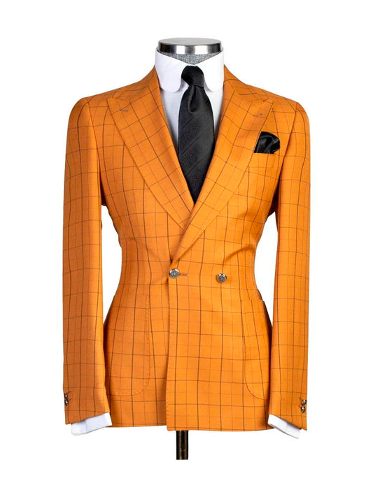 Orange 2 Piece Chic Plaid Peak Lapel Suits