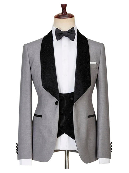 Light Gray 3 Piece Jacquard Shawl Lapel Suit