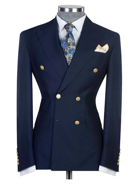 Blue Peak Lapel Double Breasted Gold Button Wedding Suit