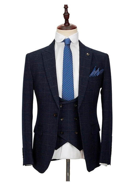 Dark Navy Blue Plaid Peak Lapel 3 Piece Suit