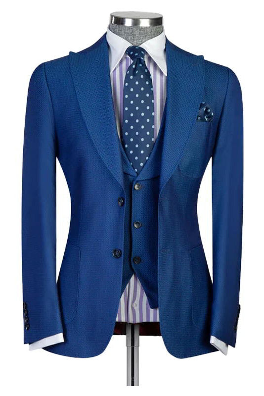 Blue Peaked Lapel 3 Pieces Men Suit