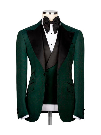 Green 3 Piece Black Collar Classic Jacquard Man Suit