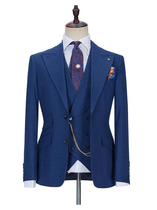 Blue Peak Lapel Single Breasted Groom Suit