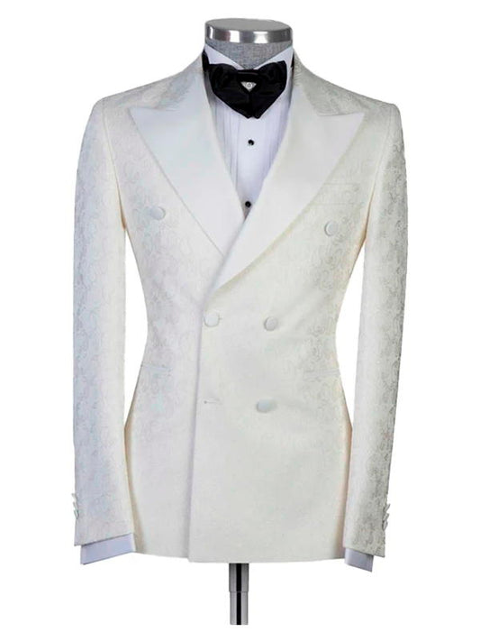 White Jacquard Peaked Lapel Double Breasted Wedding Suit