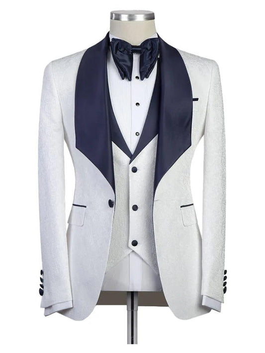 White With Blue Shawl Lapel Wedding Groom 3 Piece Suits