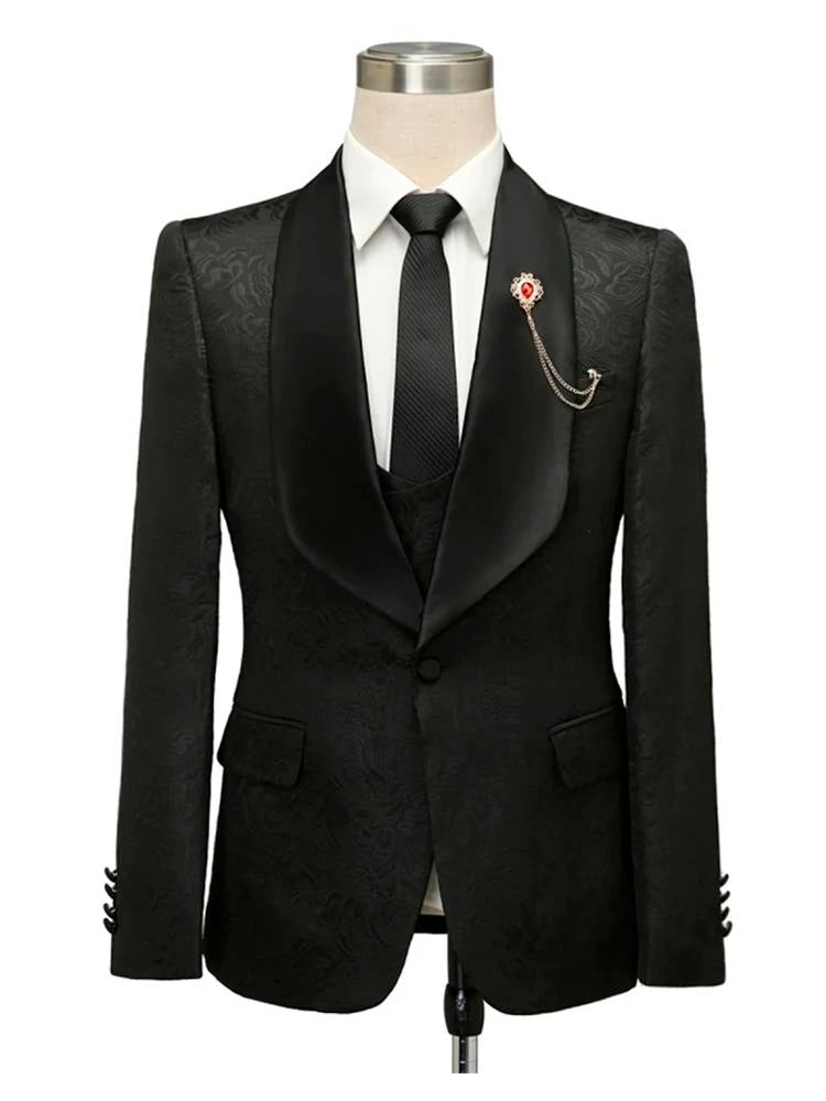 Black Jacquard Shawl Lapel Wedding 3 Piece Suit