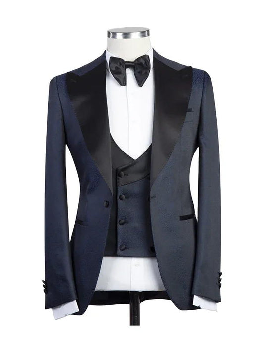 Navy Blue 3 Piece Wedding Suits With Burgundy Peak Lapel