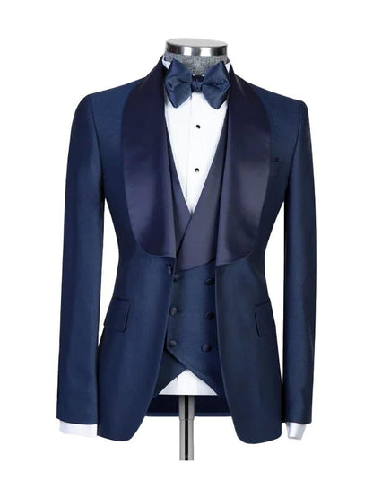 Navy Blue 3 Piece Satin Shawl Lapel Suit