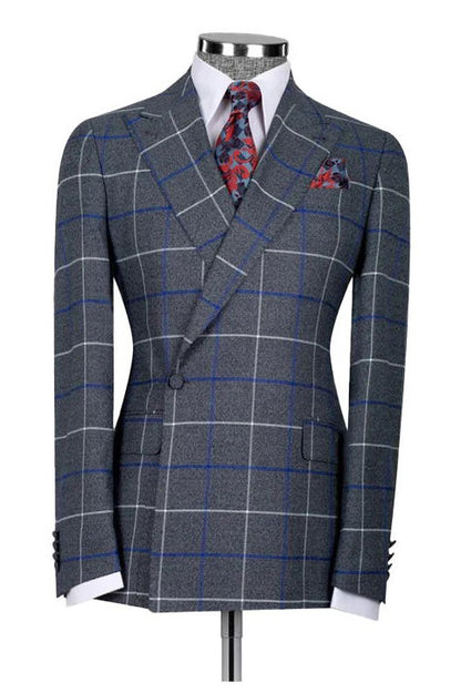 Blue 2 Piece Plaid Double Breasted Suit
