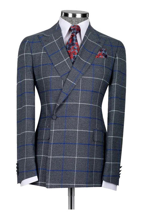 Blue 2 Piece Plaid Double Breasted Suit