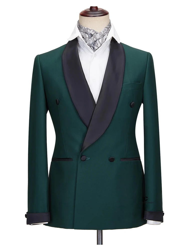 Green Double Breasted Shawl Lapel Slim Fit Wedding Tuxedo 2 Piece Suit