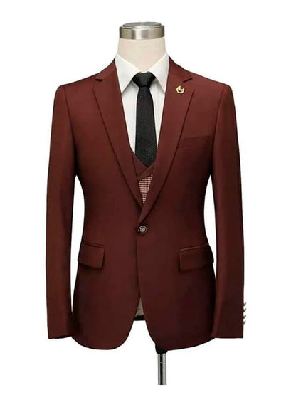 Burgundy Notch Lapel Wedding 3 Piece Suit For Men