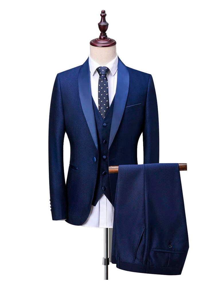 Navy Blue Slim Fit Shawl Lapel Prom Dinner Groom Tuxedos Suit