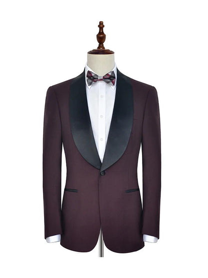 Burgundy with Black Shawl Lapel One Button Wedding Suits