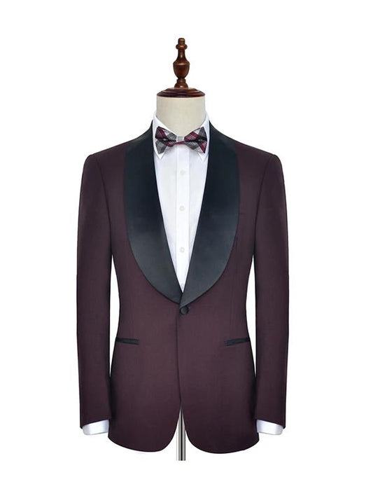 Burgundy with Black Shawl Lapel One Button Wedding Suits