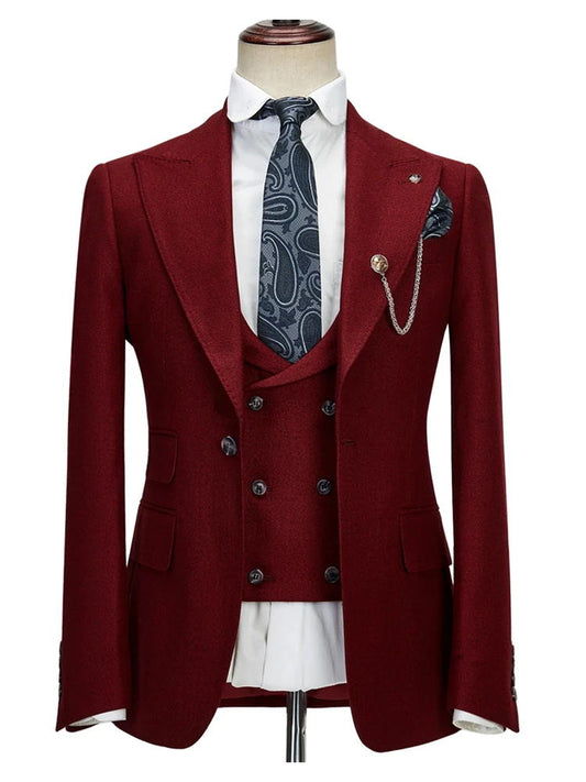 Men's Burgundy Peak Lapel Wedding 3 Piece Suit