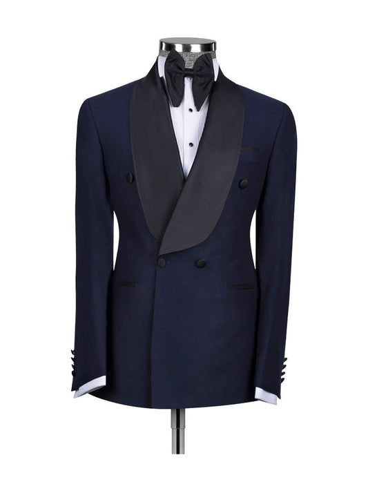 Navy Blue Double Breasted Shawl Lapel Suits