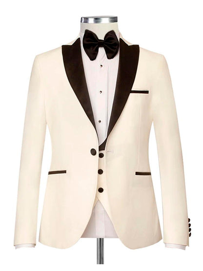 Off White Satin Peak Lapel Tuxedo 3 Piece Suit