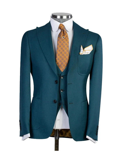 Green 3 Piece Peak Lapel Single Breasted Suit