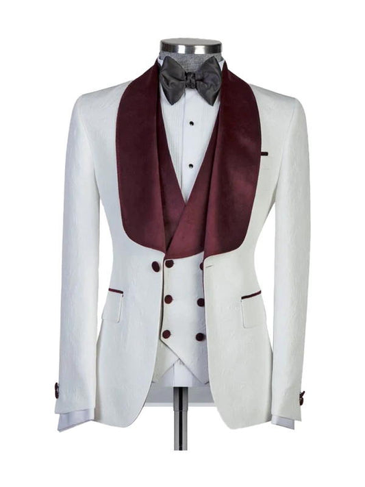 White 3 Piece Wedding Suits With Burgundy Shawl Lapel