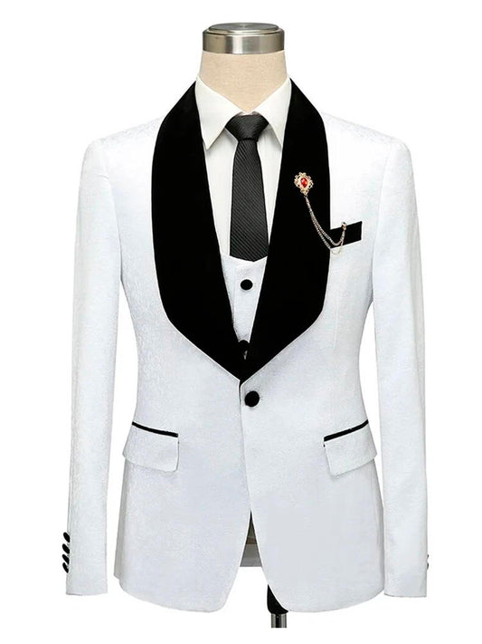 White Jacquard Wedding Tuxedo With Black Lapel Suit