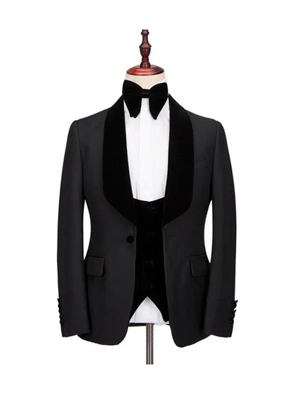 Black 3 Piece Velvet Shawl Lapel Black One Button Suits