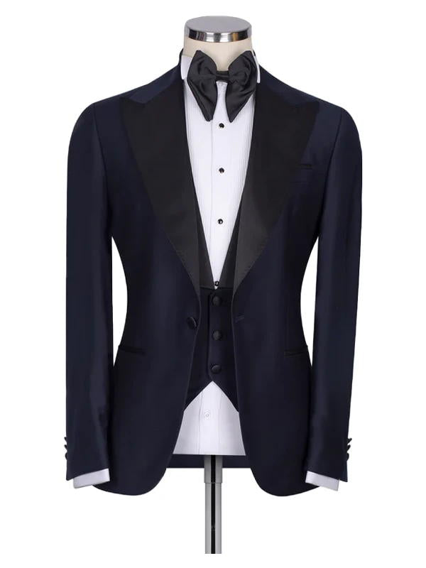 Classic Dark Blue with Black Lapel 3 Pieces Slim Fit Prom Men Suits