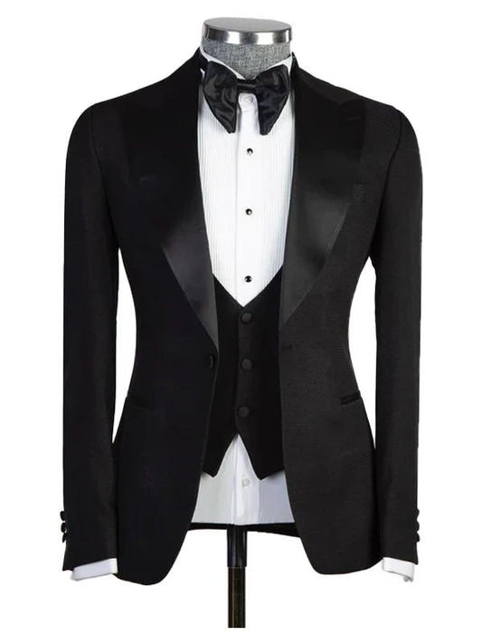 Gentle Black Peaked Lapel 3 Pieces Men Suits