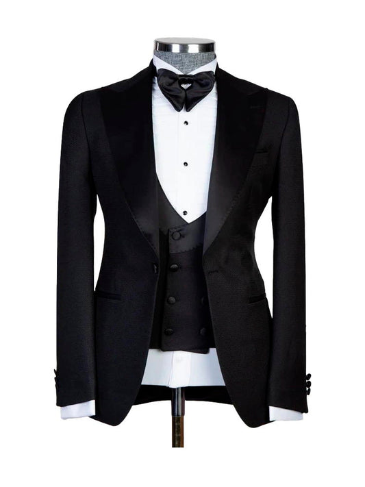 Black 3 Piece Wedding Suits With Burgundy Peak Lapel