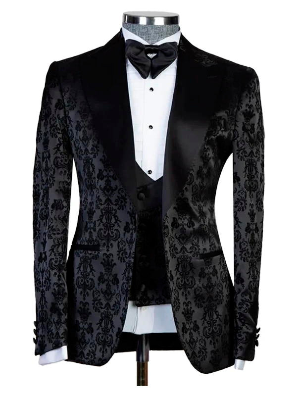 Black Peaked Lapel Elegant Bespoke Jacquard Three Pieces Men Suits