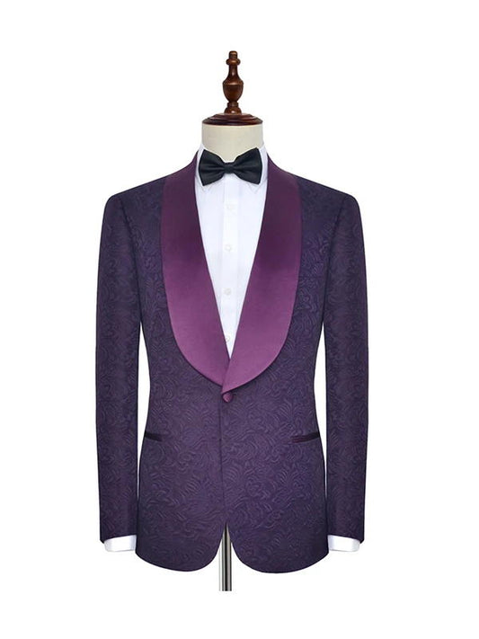 Dark Purple Jacquard One Button Shawl Lapel Men's Suits for Wedding and Prom