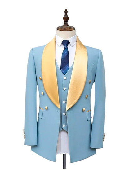 Sky Blue Golden Shawl Lapel Single Breasted Slim Fit Suit for Men