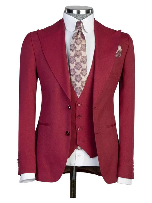 Burgundy 3 Pieces Suit Peak Lapel Single Breasted Tuxedos