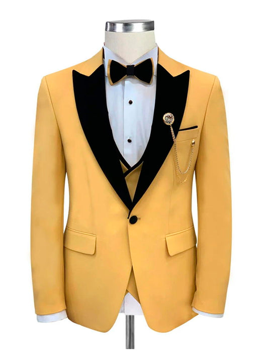 Yellow with Black Peak Lapel Tuxedo 3 Piece Suit