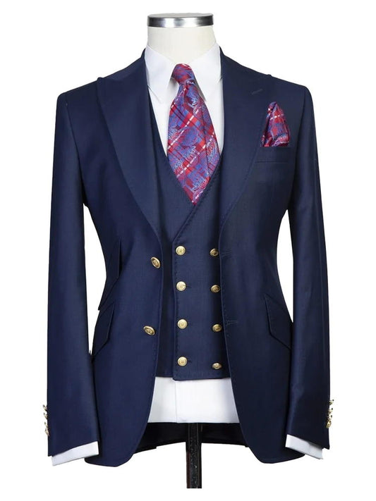 Navy Blue Peak Lapel Men's 3 Piece Suit