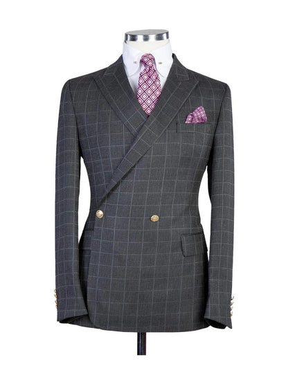 Gray 2 Piece Double Breasted Men Peak Lapel Luxery Suit