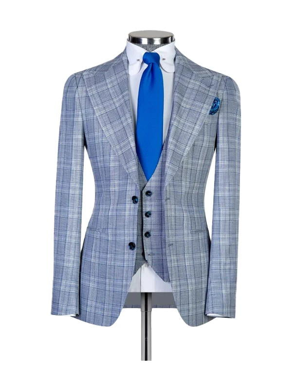 Light Blue Plaid Peak Lapel Single Breasted 3 Pieces Suits