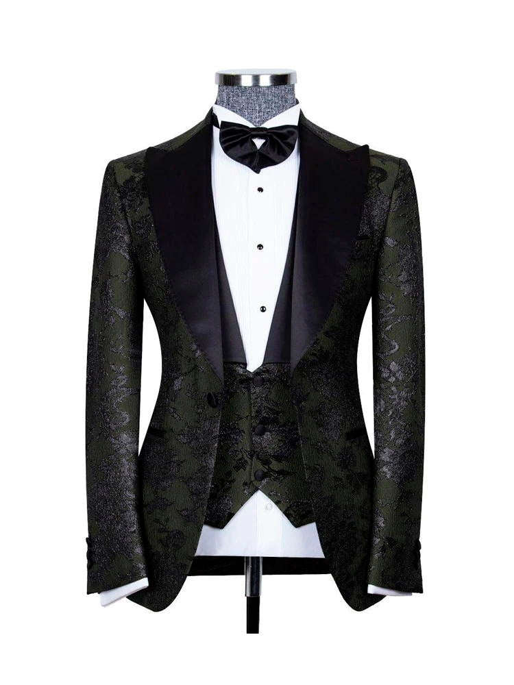 Black 3 Piece Peaked Lapel Classy Jacquard Suits