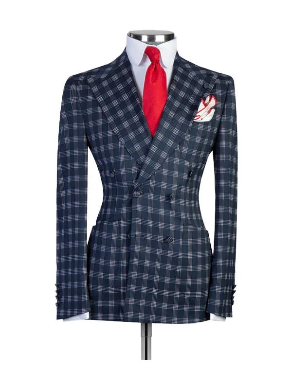 Navy Blue Plaid Slim Fit Double Breasted Suit